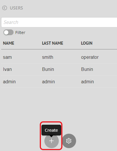 Панель «Список пользователей» и кнопка «Создать»